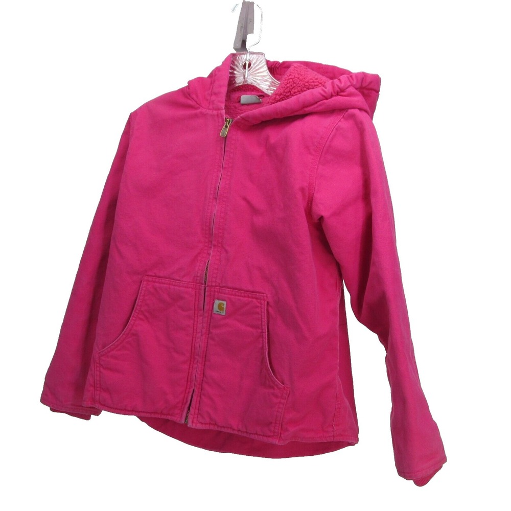 Carhartt Duck Canvas Jacket Girls Large 14‎ Pink hooded Sherpa Lined Zip Chore